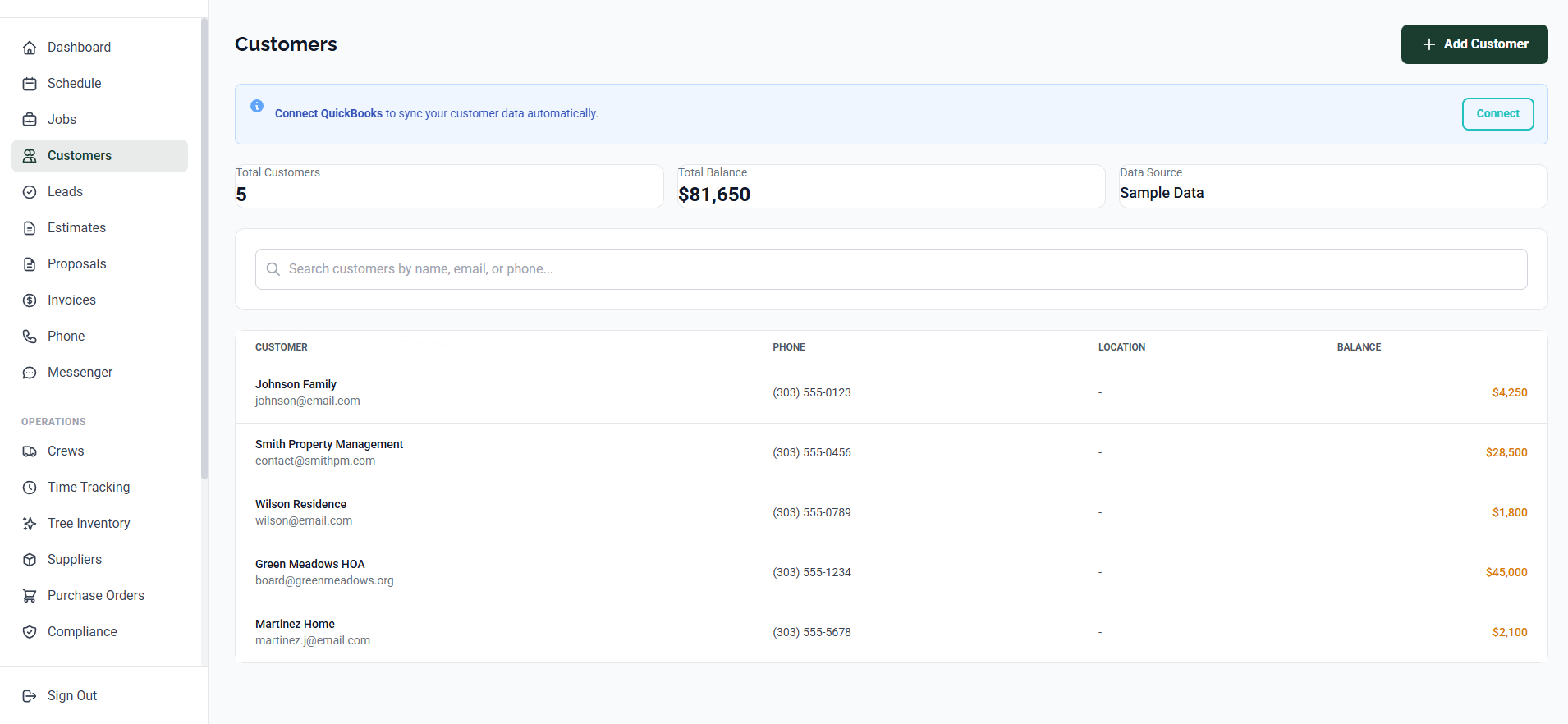 Customer Management CRM view